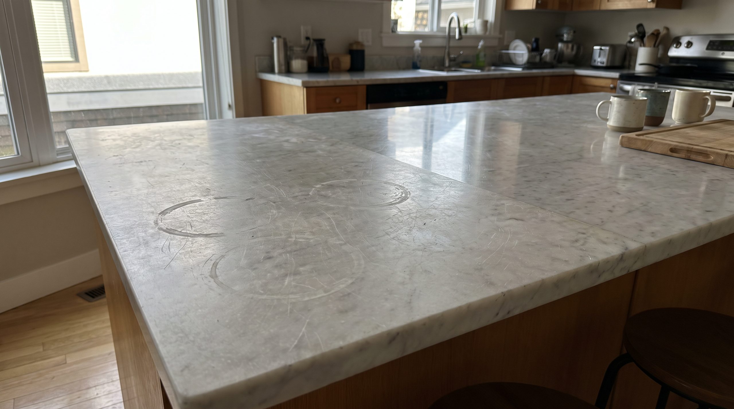 Etch rings and scratches on a marble kitchen island