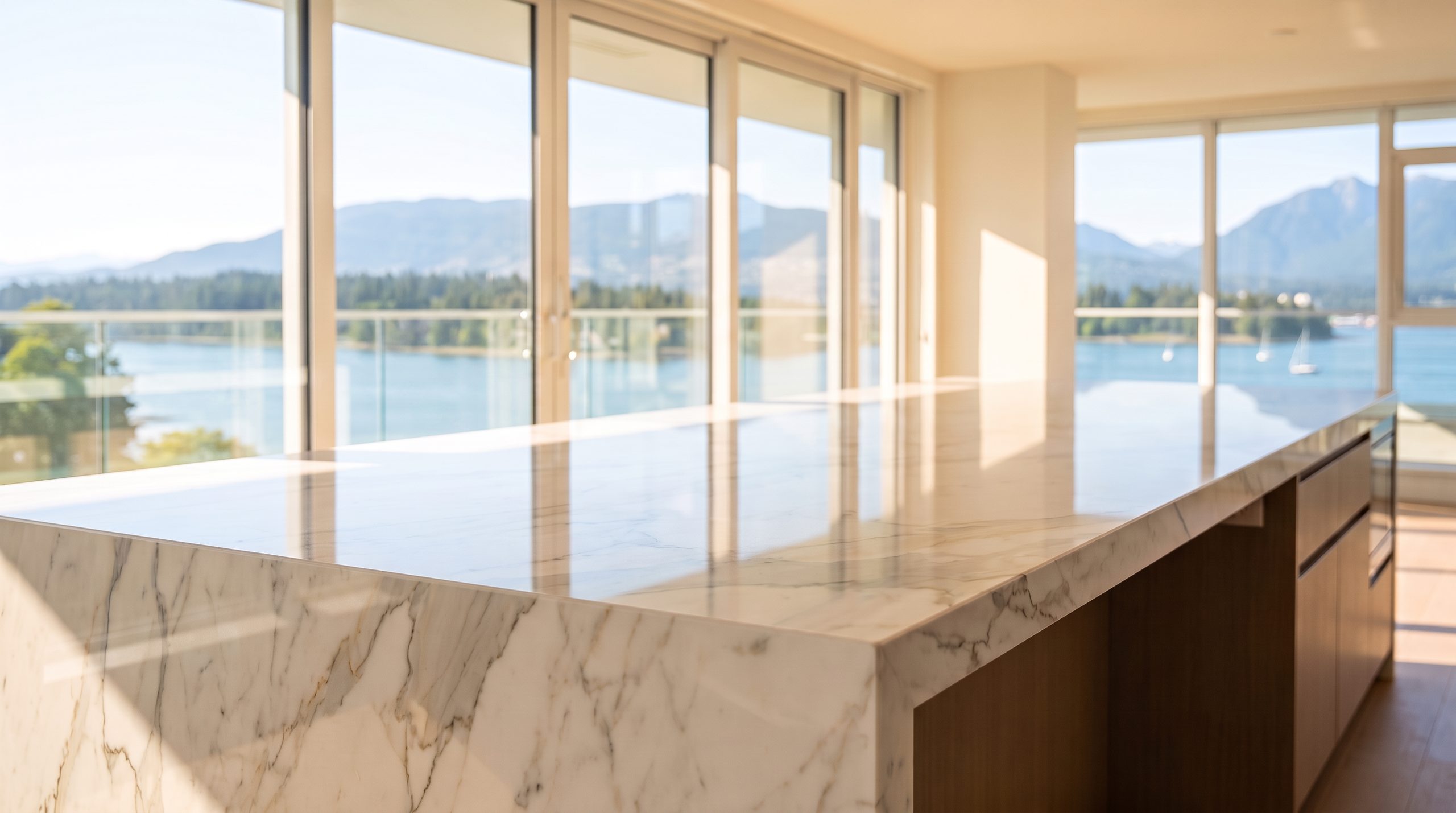 Polished marble island in bright daylight