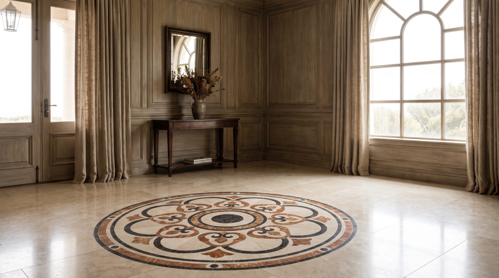 polished stone floor with an inlaid mosaic medallion
