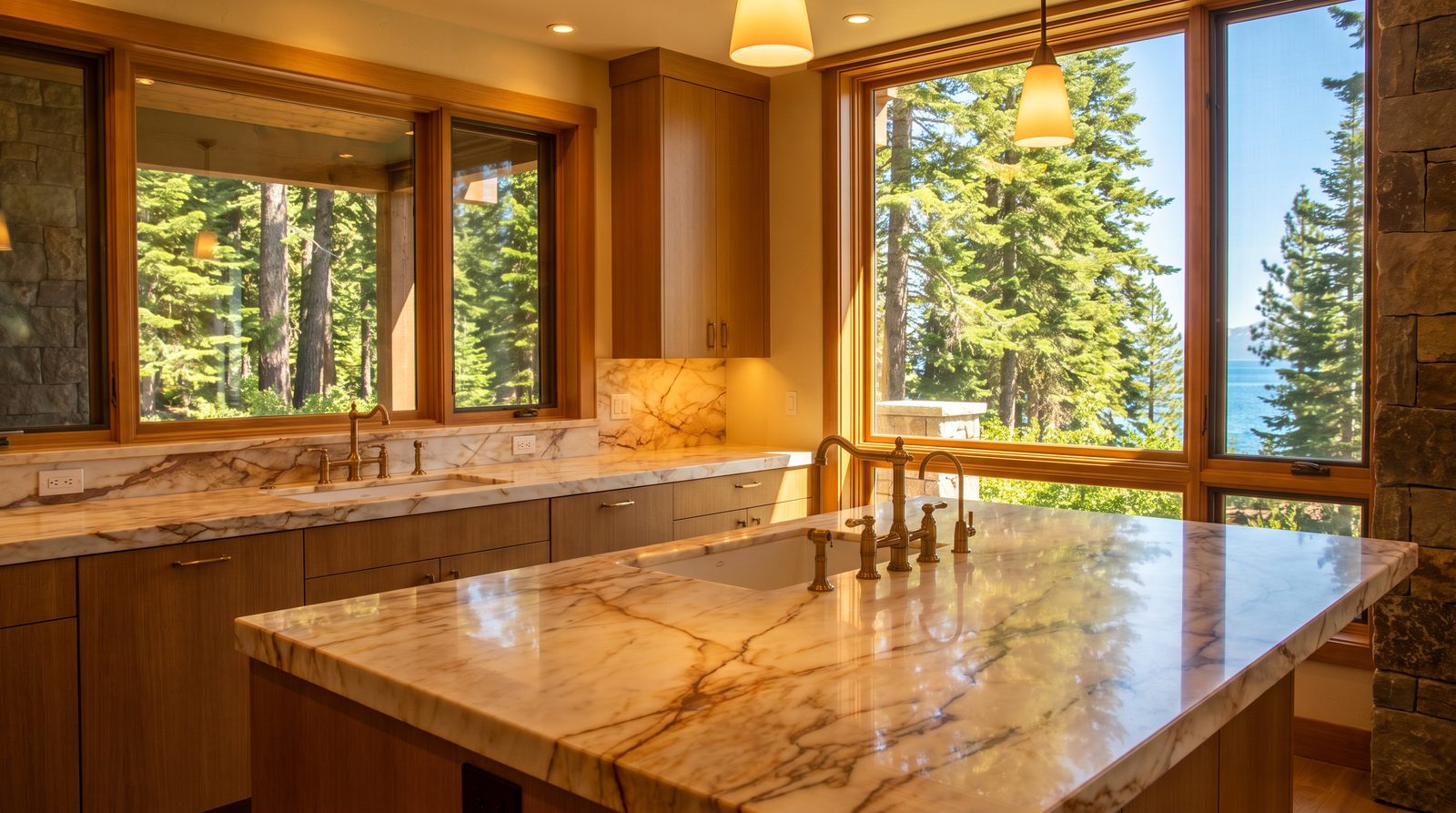 polished marble kitchen island in a luxury home