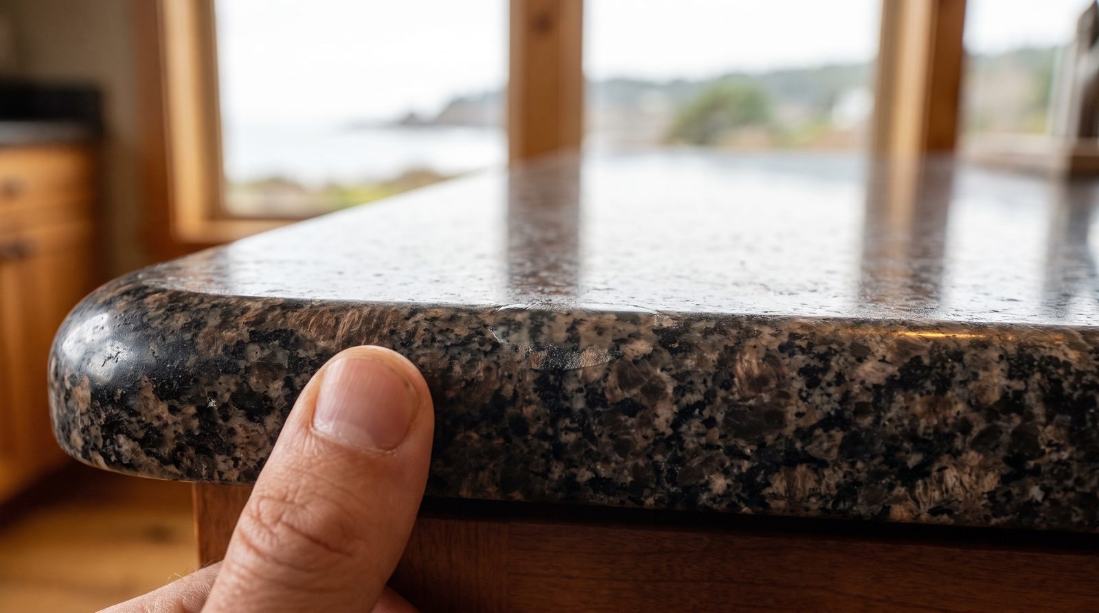 repaired chip on a granite countertop edge polished flush