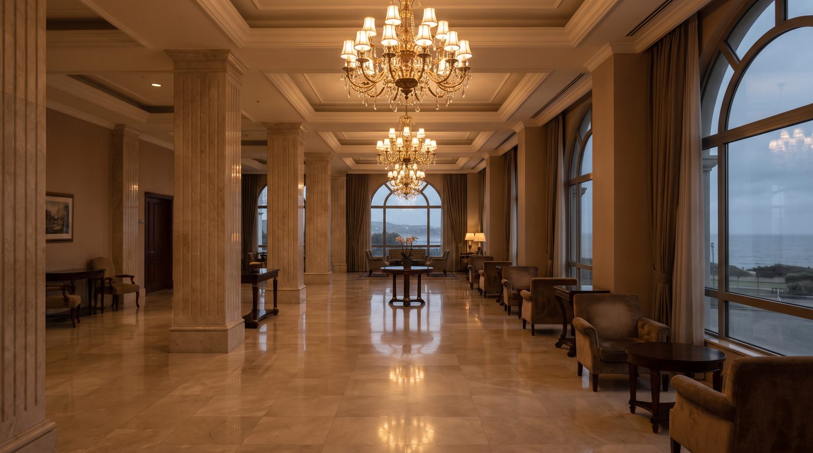 polished marble floor in a downtown hotel lobby