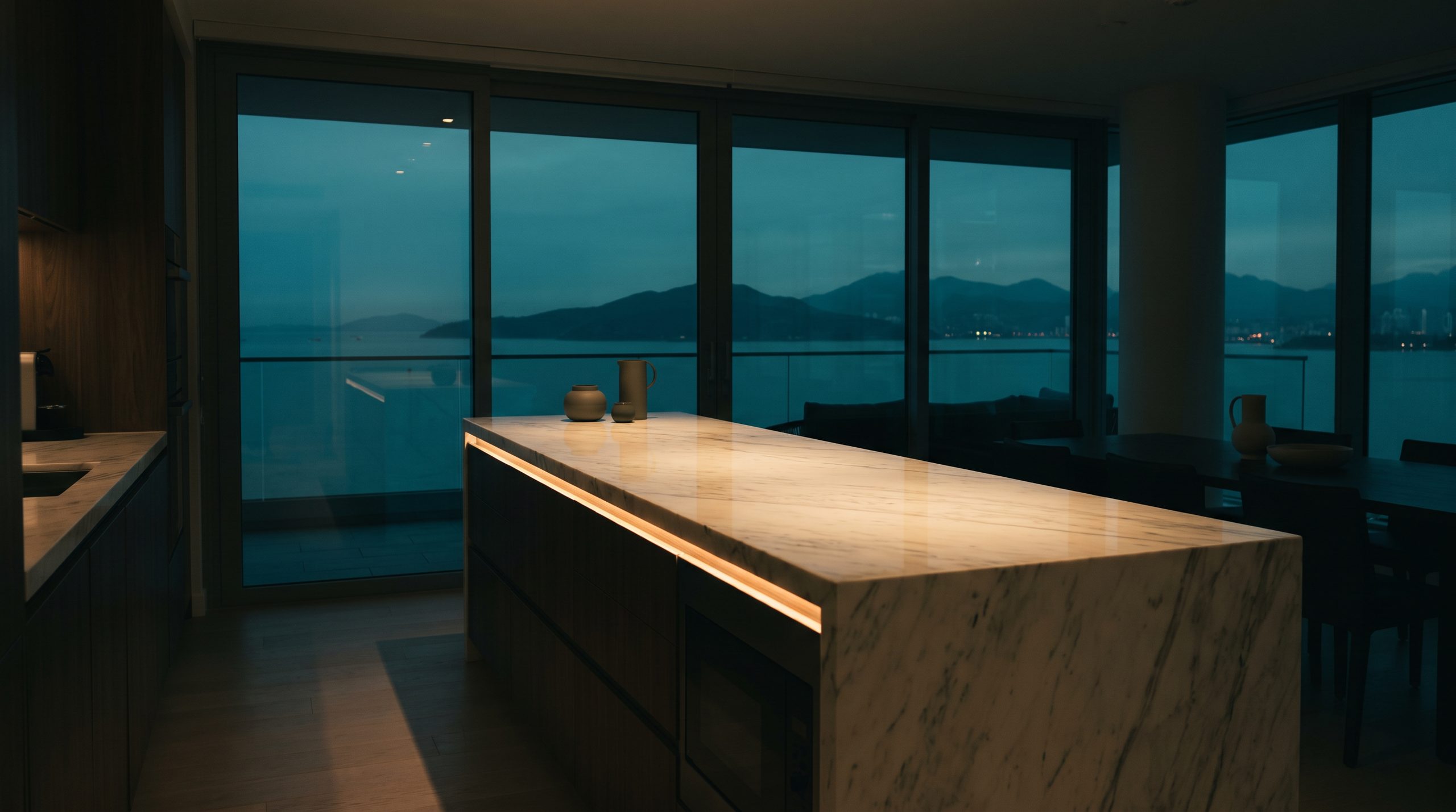 Marble island glowing at dusk