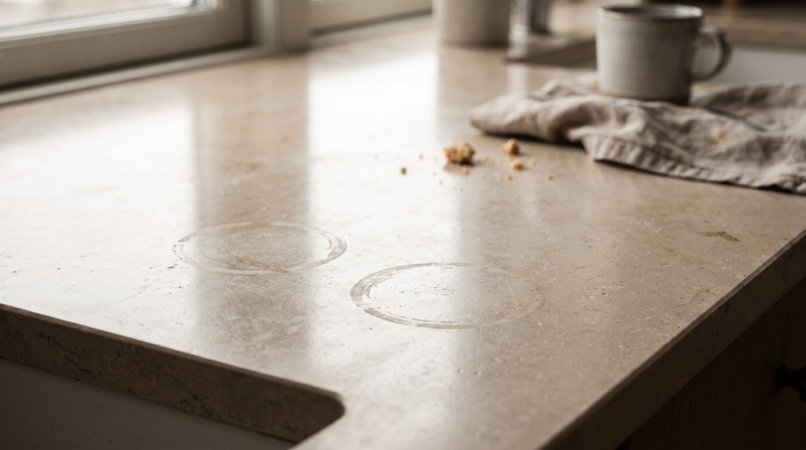 Dull etched ring marks on a pale stone countertop beside a coffee cup